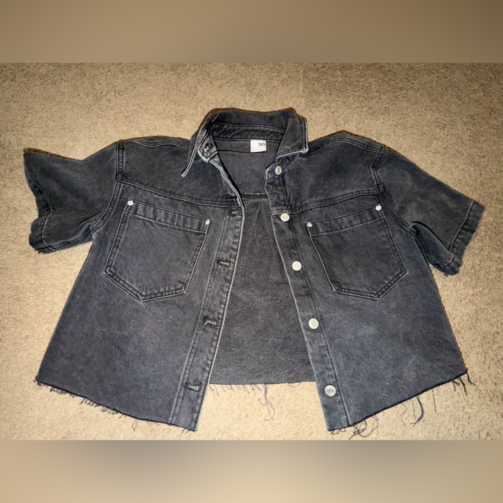 Boxy Black Washed Denim Cropped Short Sleeve Jacket - Picture 4 of 4